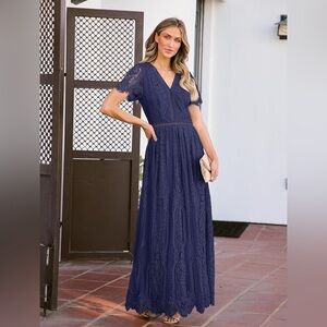 Navy Lace V-Neck Short Sleeve Maxi Dress - Women